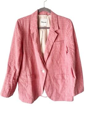 Madewell Jacket Women's Large Pink Plaid Larsen Blazer 100% Linen Preppy NK756